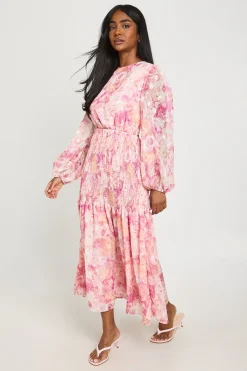 Robe Midi À Dos Ouvert Froncé Et Imprimé Floral Jacquard