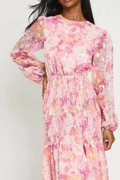 Robe Midi À Dos Ouvert Froncé Et Imprimé Floral Jacquard