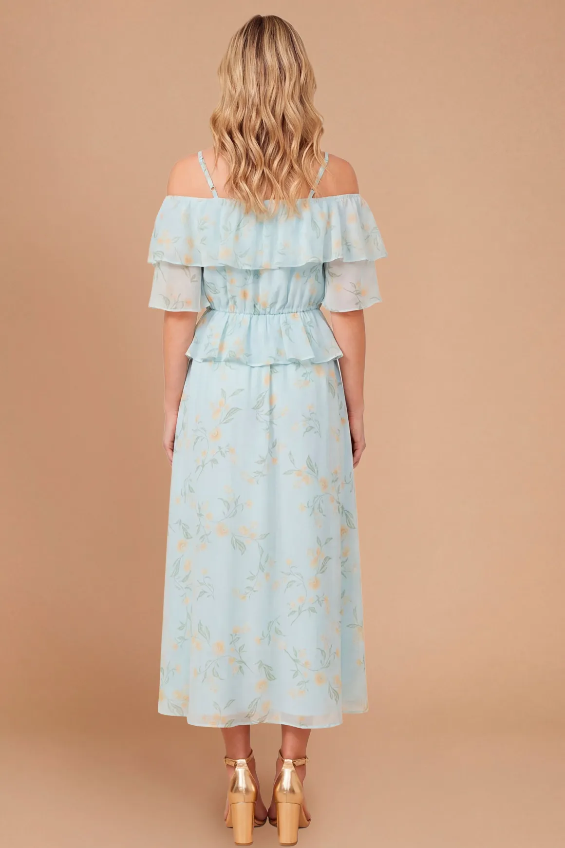 Robe Midi Dp Luxe À Volants Fleuris Bleus Avec Épaules Dénudées