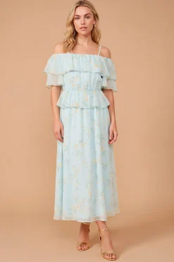 Robe Midi Dp Luxe À Volants Fleuris Bleus Avec Épaules Dénudées