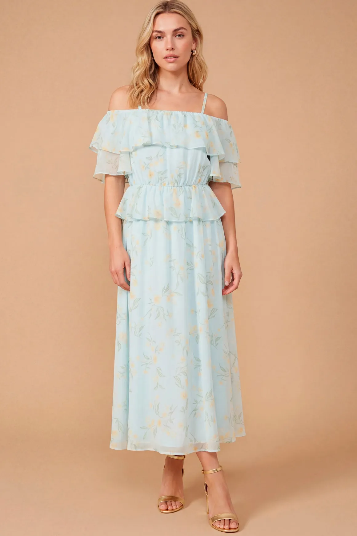 Robe Midi Dp Luxe À Volants Fleuris Bleus Avec Épaules Dénudées