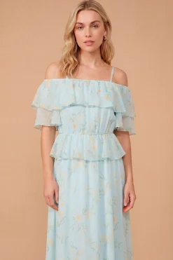 Robe Midi Dp Luxe À Volants Fleuris Bleus Avec Épaules Dénudées
