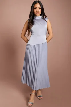 Robe Midi Drapée Col Montant Jupe Plissée Petite Taille