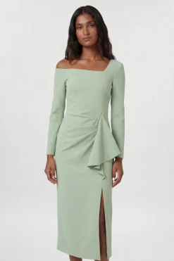 Robe Midi Drapée À Encolure Asymétrique En Tissu Stretch Compact Petite