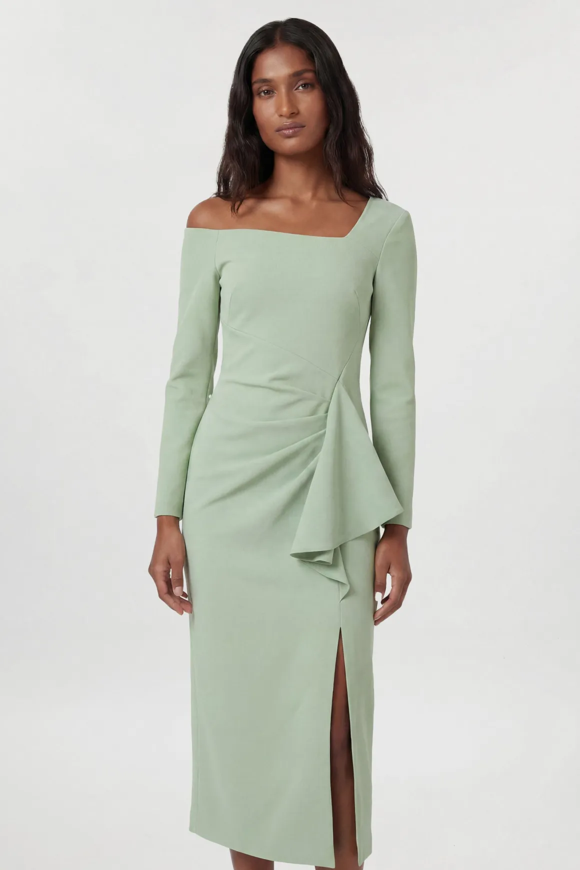 Robe Midi Drapée À Encolure Asymétrique En Tissu Stretch Compact Petite