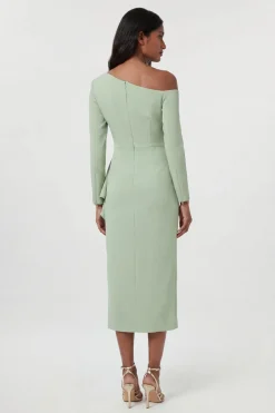 Robe Midi Drapée À Encolure Asymétrique En Tissu Stretch Compact Petite