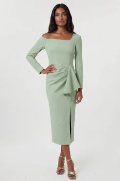 Robe Midi Drapée À Encolure Asymétrique En Tissu Stretch Compact Petite