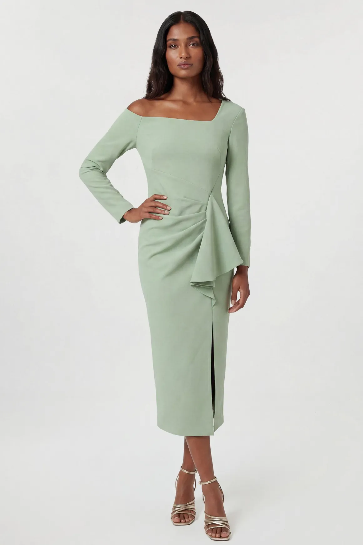Robe Midi Drapée À Encolure Asymétrique En Tissu Stretch Compact Petite