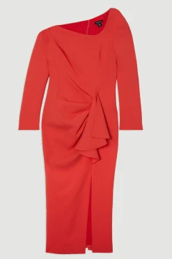 Robe midi drapée stretch compacte à encolure asymétrique