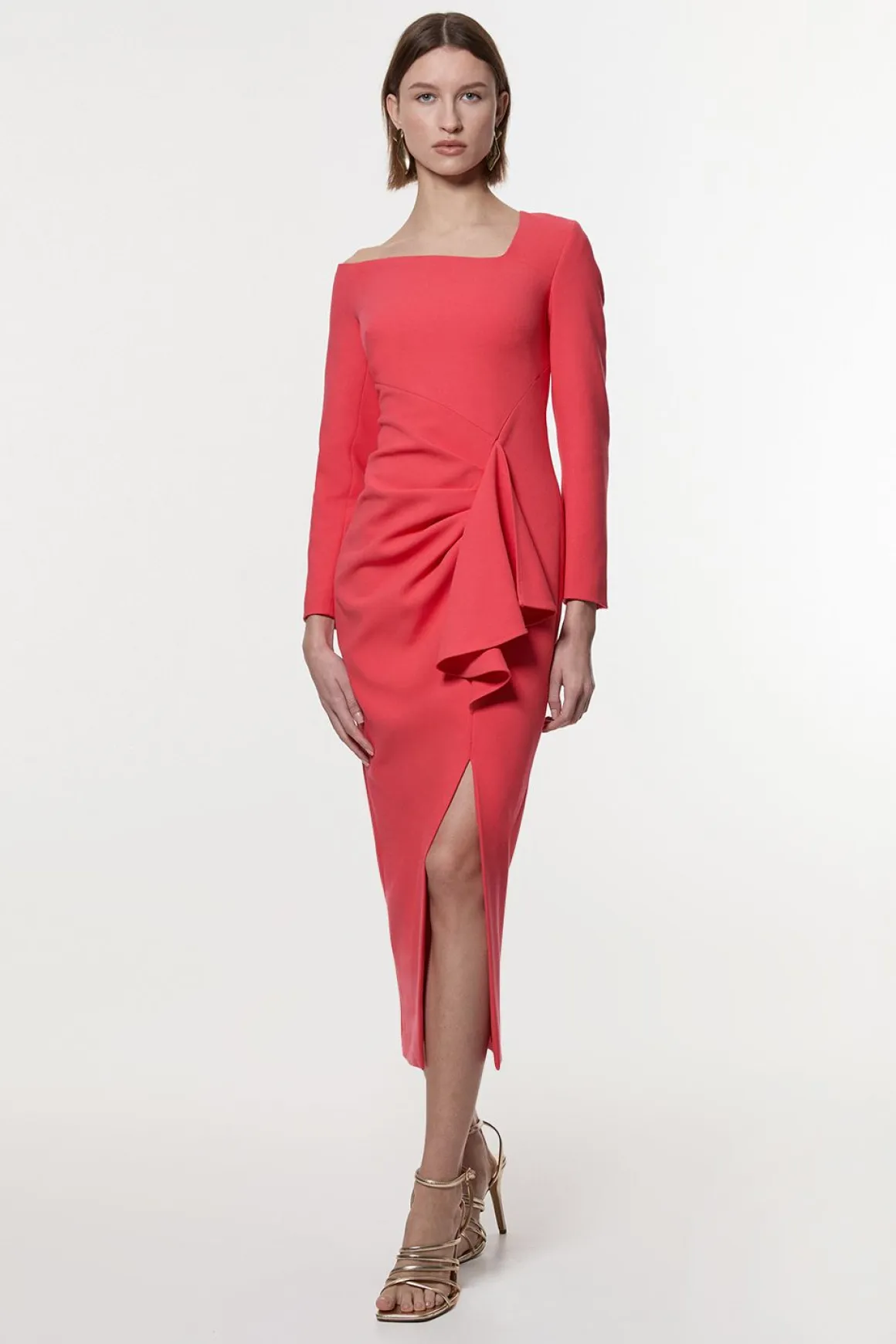 Robe midi drapée stretch compacte à encolure asymétrique