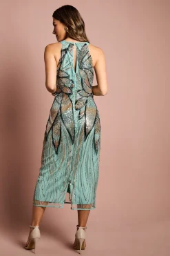 Robe Midi Droite à Col Montant Perlée