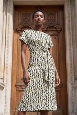 Robe Midi Droite En Jersey Géométrique Avec Nœud Latéral