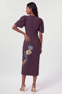 Robe Midi Droite À Manches Bouffantes Ornée À La Main