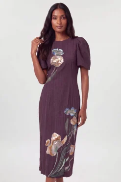 Robe Midi Droite À Manches Bouffantes Ornée À La Main
