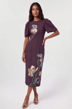 Robe Midi Droite À Manches Bouffantes Ornée À La Main