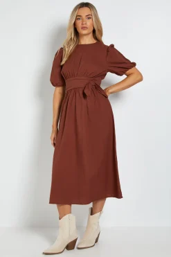 Dorothy Perkins Robe Midi À Détail Nœud À La Taille Et Manches Bouffantes<Femme Looks Chocolat|Robes Mi-Longues
