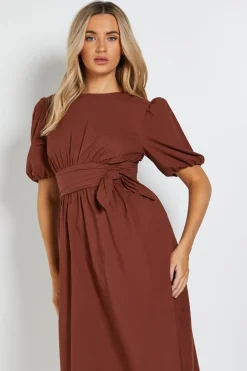Dorothy Perkins Robe Midi À Détail Nœud À La Taille Et Manches Bouffantes<Femme Looks Chocolat|Robes Mi-Longues