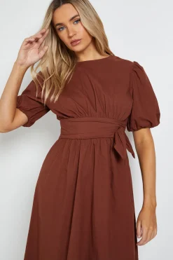 Dorothy Perkins Robe Midi À Détail Nœud À La Taille Et Manches Bouffantes<Femme Looks Chocolat|Robes Mi-Longues