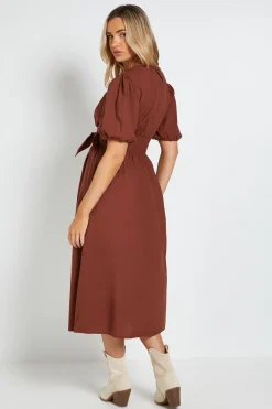Dorothy Perkins Robe Midi À Détail Nœud À La Taille Et Manches Bouffantes<Femme Looks Chocolat|Robes Mi-Longues