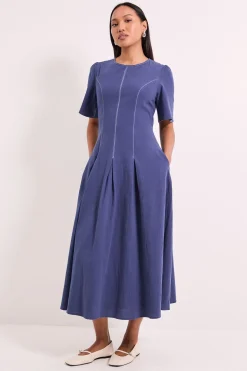Robe Midi à Détails de Coutures et Plis Rapportés