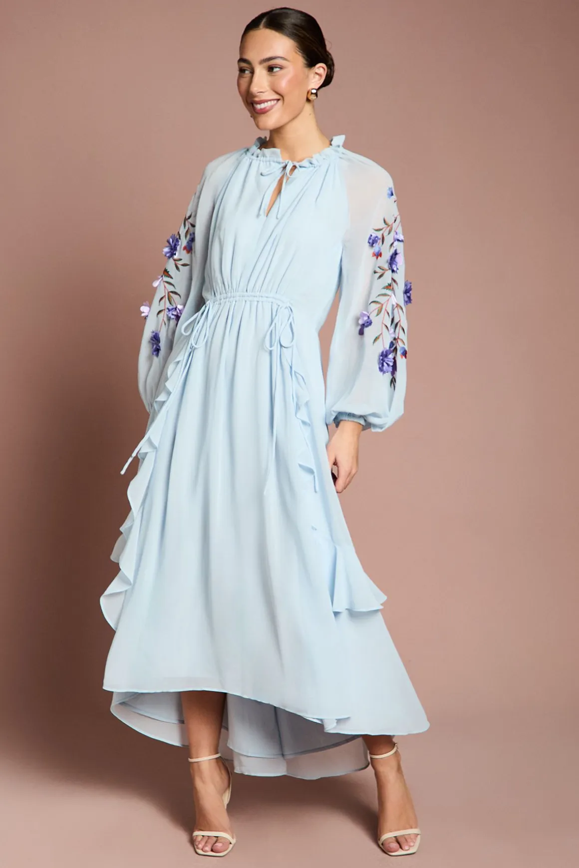 Robe Midi À Détails Froncés Et Fleurs 3D