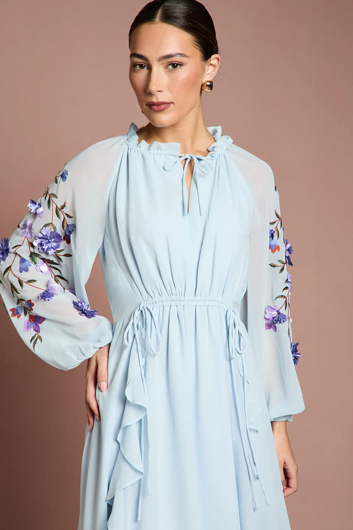 Robe Midi À Détails Froncés Et Fleurs 3D