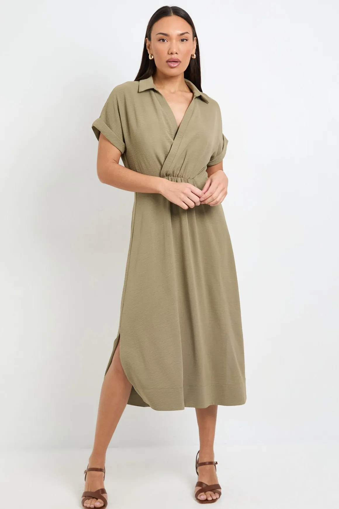 Robe Midi D'été À Manches Retroussées