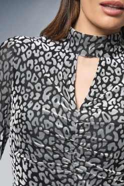 Wallis Robe Midi Dévorée en Jersey à Col Montant et Fronces<Femme Robes Mi-Longues|Robes À Manches Longues