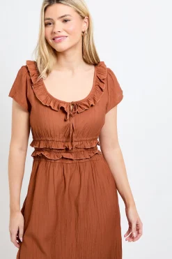 Robe Midi À Encolure Arrondie À Volants Et Taille Froncée