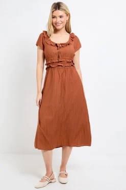 Robe Midi À Encolure Arrondie À Volants Et Taille Froncée