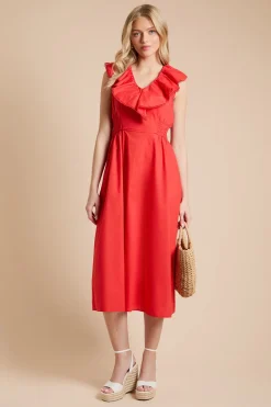 Robe Midi À Encolure À Volants Et Détails En Dentelle
