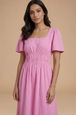 Dorothy Perkins Robe Midi En Coton Dobby À Taille Élastiquée Et Manches Papillon<Femme Robes|Robes Mi-Longues