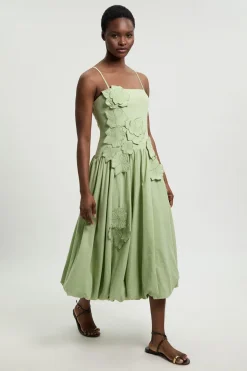 Robe Midi En Coton Lin À Détails Floraux 3D Et Ourlet Bouffant