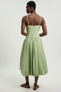 Robe Midi En Coton Lin À Détails Floraux 3D Et Ourlet Bouffant