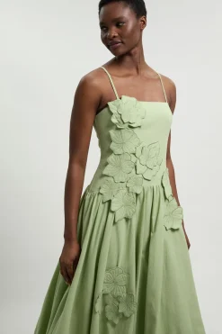 Robe Midi En Coton Lin À Détails Floraux 3D Et Ourlet Bouffant