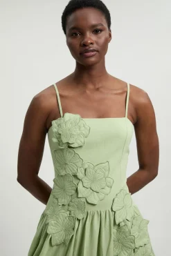 Robe Midi En Coton Lin À Détails Floraux 3D Et Ourlet Bouffant
