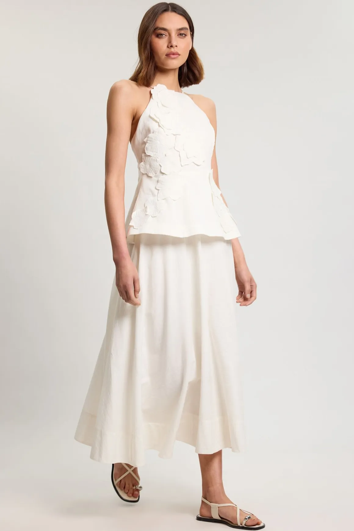 Robe Midi En Coton Lin À Fleurs 3D