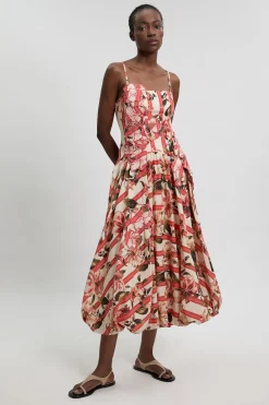 Robe Midi En Coton Lin À Imprimé Floral 3D Et Ourlet Bouffant
