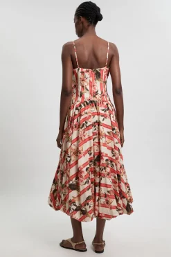 Robe Midi En Coton Lin À Imprimé Floral 3D Et Ourlet Bouffant