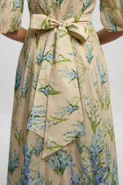 Robe Midi En Coton Soie À Manches Bouffantes Et Motif Floral Traînant