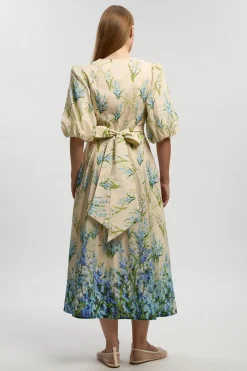 Robe Midi En Coton Soie À Manches Bouffantes Et Motif Floral Traînant