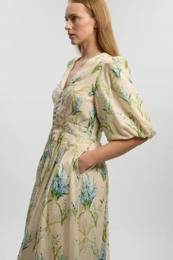 Robe Midi En Coton Soie À Manches Bouffantes Et Motif Floral Traînant