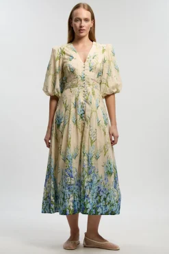 Robe Midi En Coton Soie À Manches Bouffantes Et Motif Floral Traînant