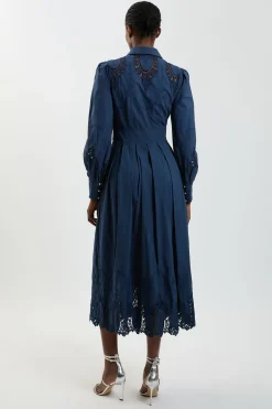 Robe Midi En Coton Tissé À Broderie Anglaise Et Manches Ballon