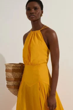 KarenMillen Robe midi en coton tissé à encolure halter avec détail de taille basse<Femme Robes|Robes Mi-Longues