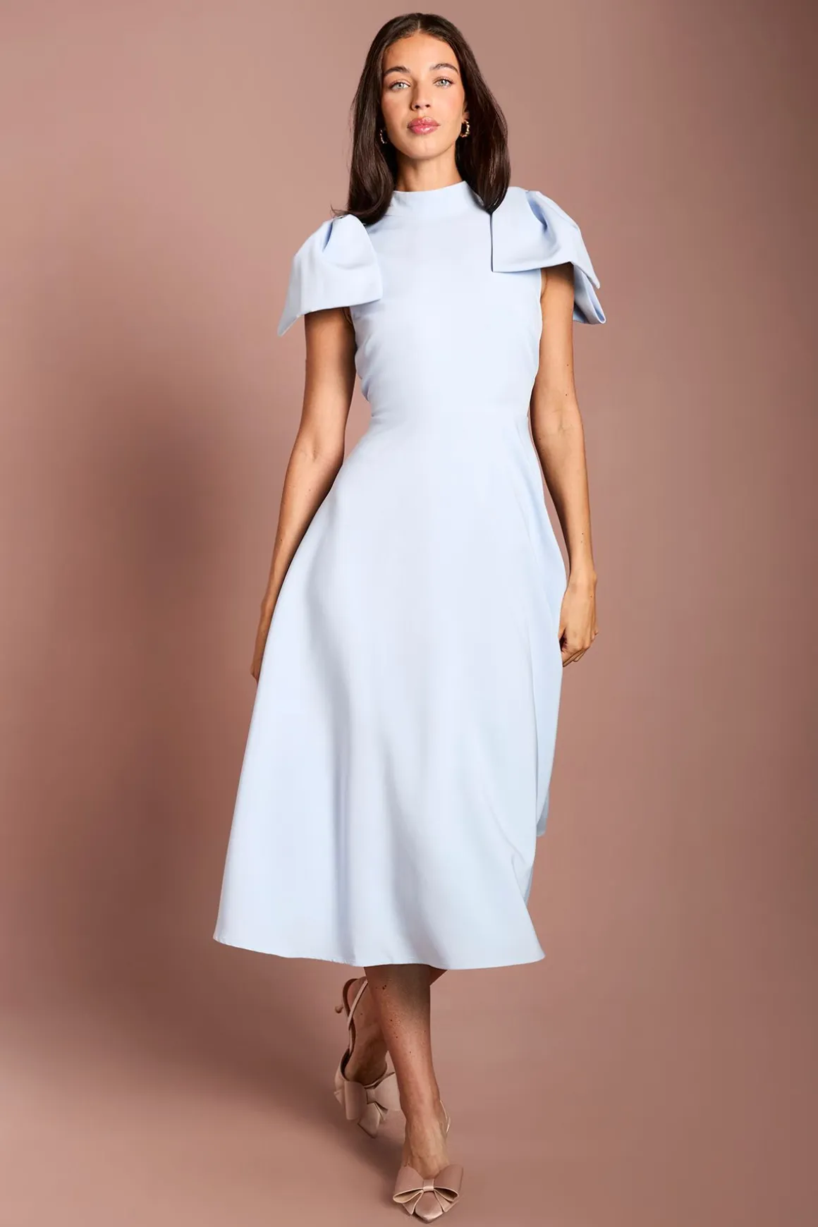 Robe Midi en Crêpe avec Nœud aux Épaules