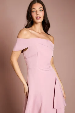 Robe Midi en Crêpe Bardot à Drapé Cascade