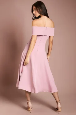 Robe Midi en Crêpe Bardot à Drapé Cascade