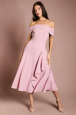 Robe Midi en Crêpe Bardot à Drapé Cascade