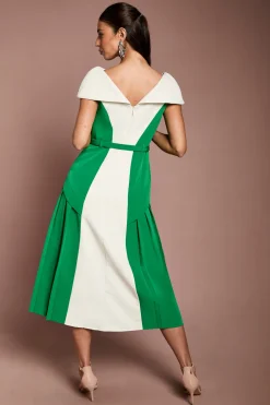 Robe Midi En Crêpe À Blocs De Couleur Et Encolure Bardot
